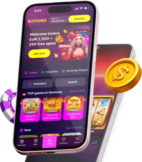 Casino mobile app on smartphone with welcome bonus and game lobby