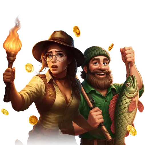 Adventure and fishing slot game characters with golden coins